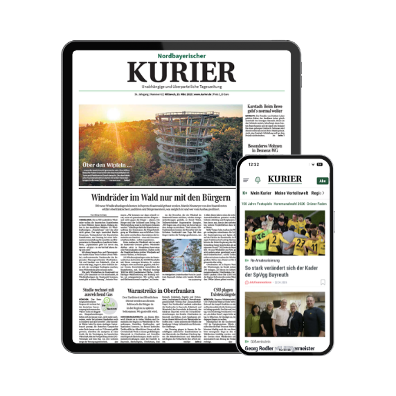 Tablet and smartphone displaying the KURIER newspaper app with front pages and headlines visible.