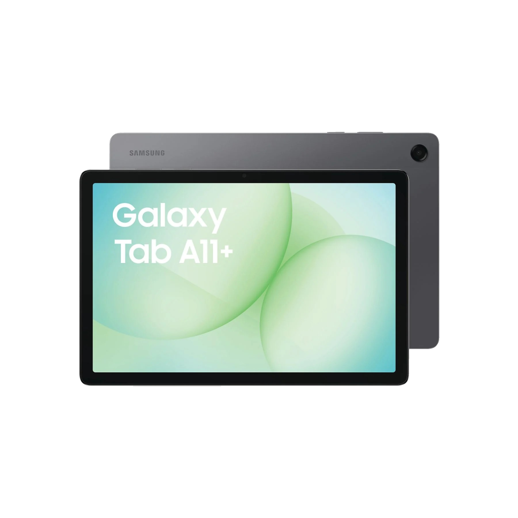 Samsung Galaxy Tab A11+ tablet partially visible from the top, showing the gray back with a circular camera on the right and a colorful screen