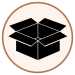 Open black cardboard box icon inside a beige circular badge with a brown border