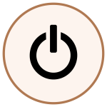 Power button icon (on/off) inside a light beige circular badge with a brown outline