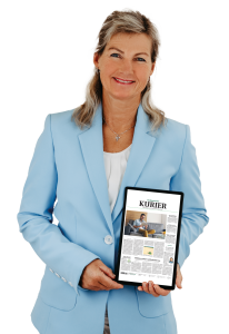Professional woman in a light-blue blazer presenting a tablet displaying a newspaper titled 'KURIER'